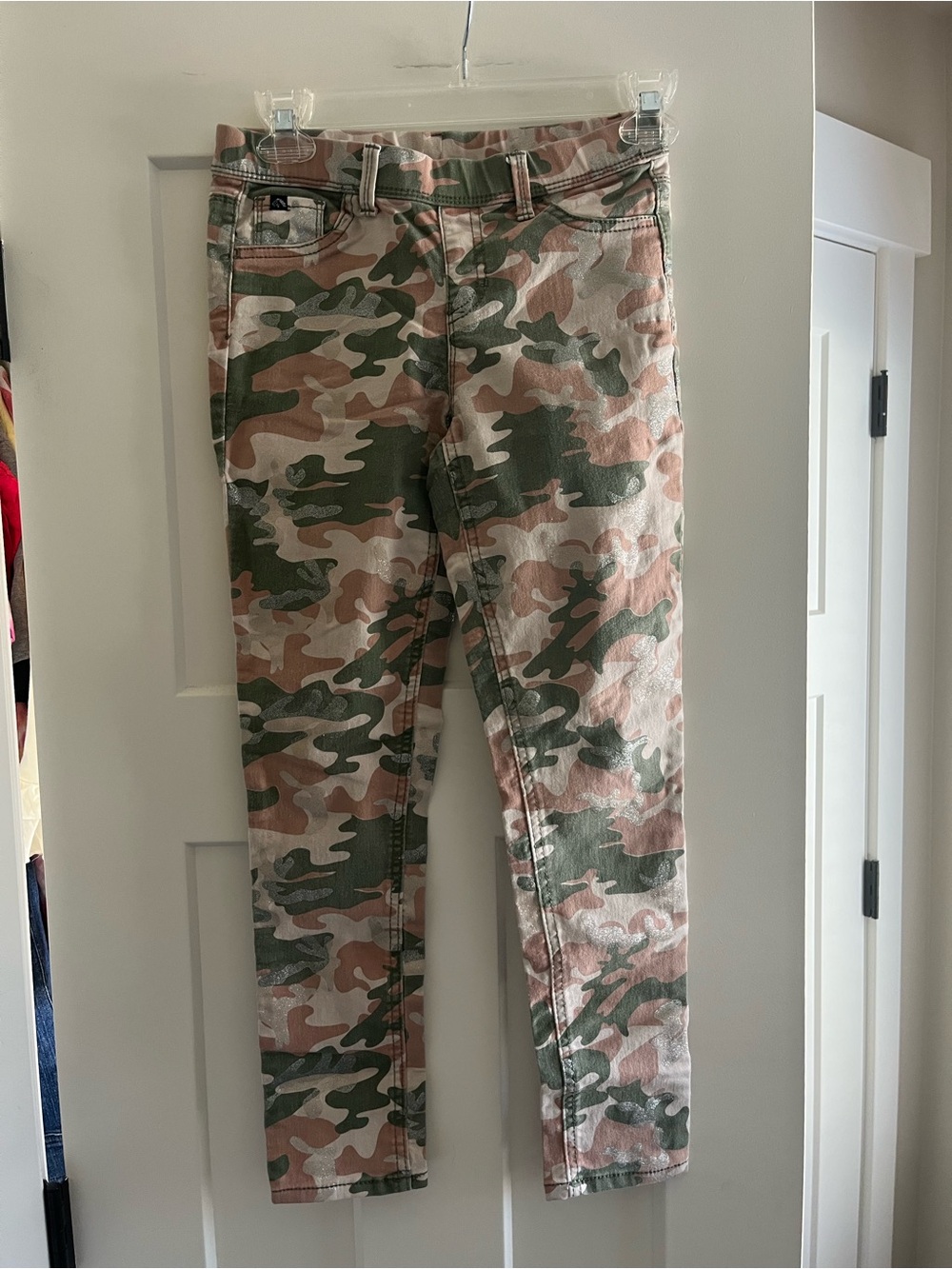 Jordache Girls Camo Skinny Jegging Jeans in Green & Tan with Silver Glitter